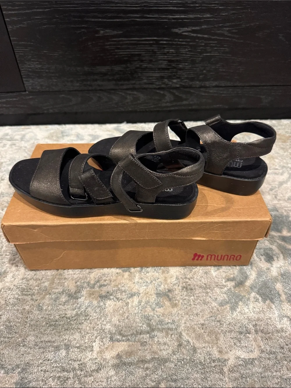 Munro Metallic Black Velcro Strap Sandals - Picture 1 of 6